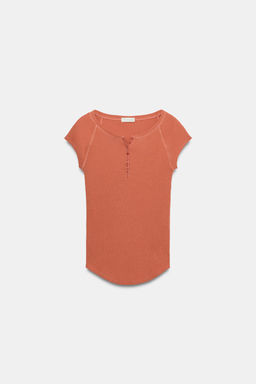 CAMISETA BOTONES CON LINO / Terracota - Zara фото 5