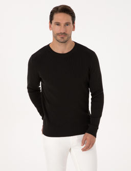 Siyah Slim Fit Pamuk Kar___ml_ Bisiklet Yaka Selanik _rg_ Triko Kazak