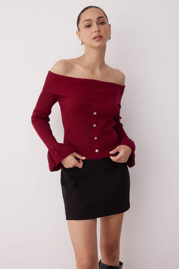 Bordo Fitted/Vucuda Oturan Carmen Yaka Fitilli Triko Kazak TWOAW26KZ00010