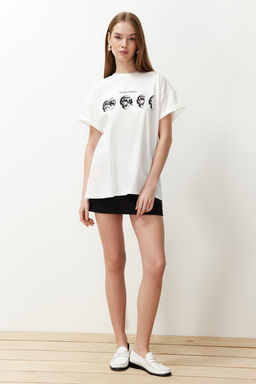 TRENDYOLMILLA Ekru %100 Pamuk Bask?l? Boyfriend Fit Bisiklet Yaka Orme T-Shirt TWOSS20TS0245 фото 2