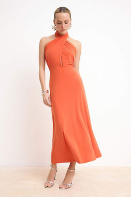 Turuncu Orme Asimetrik Yaka Midi Astarl? Elbise TPRSS26EL00063