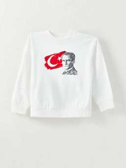 Bisiklet Yaka T?rk Bayra?? ve Atat?rk Bask?l? Uzun Kollu Erkek ?ocuk Sweatshirt