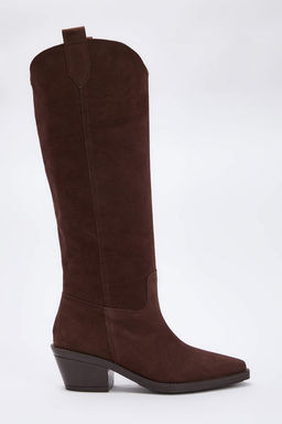 Kahverengi Suet Sivri Burun Blok Topuklu Kad?n Kovboy Cizme TAKAW26CZ00038