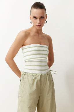 Yesil Cizgili Straplez Fitilli Esnek Orme Bluz TWOSS24BZ00475 - Trendyolmilla фото 3