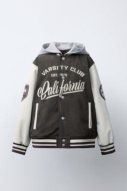 BOMBER JACKET WITH HOODIE AND FAUX LEATHER SLEEVES