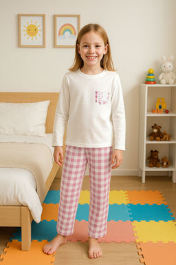 Ekru Yumusak Dokulu K?z Cocuk Orme Pijama Tak?m TKDAW25AU00093