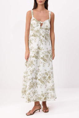 Yesil Cicekli Keten Gorunumlu Dokuma Elbise TWOSS26EL00664 - Trendyolmilla фото 3