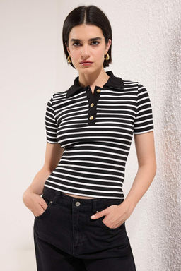 Trendyolmilla Siyah Cizgili Fitted/Vucuda Oturan Esnek Orme Bluz TWOSS25BZ00544 фото 2