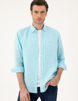 Turkuaz Regular Fit %100 Keten G_mlek