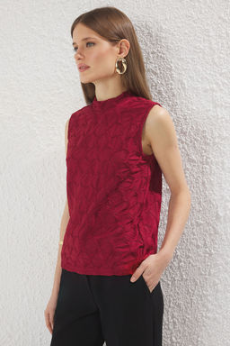 Trendyolmilla Bordo Dokulu Regular/Normal Kal?p Esnek Orme Bluz TWOSS25BZ00268  фото 8