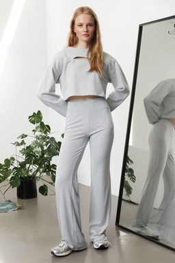 Gri Melanj Wide Leg/Ispanyol Paca Yuksek Bel Interlok Esnek Orme Pantolon TWOAW25PL00006