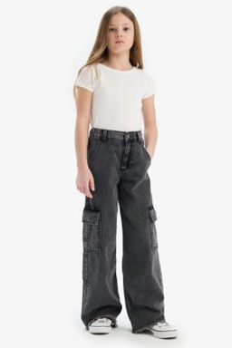 K?z Cocuk Wide Leg Kargo Genis Bol Paca Pamuklu Jean Pantolon