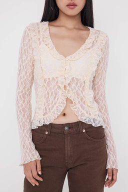 Kahverengi Dantel Fitted/Vucuda Oturan F?rf?r Detayl? Flare Kol Esnek Orme Bluz TWOAW26BZ00161 - Trendyolmilla фото 7