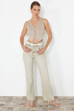 Vizon Dugme Detayl? V Yaka Crop Regular/Normal Kesim Esnek Orme Yelek TWOSS23YE00037