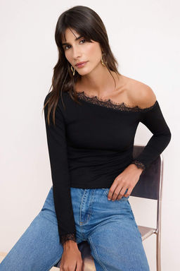 Siyah Fitted/Vucuda Oturan Asimetrik Yaka Uzun Kollu Dantel Detayl? Tul Orme Bluz TWOSS26BZ00662 - Trendyolmilla фото 2