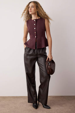 Bordo Fitted Peplum Detayl? Aksesuar Dugmeli Yelek TWOAW26YE00058 - Trendyolmilla фото 2