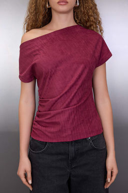 Bordo Ac?k Omuz Buzgu&Drape Detayl? Regular/Normal Kal?p Orme Bluz TWOAW26BZ00270 - Trendyolmilla фото 3