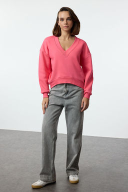 Trendyolmilla Pembe Basic Regular/Normal Kal?p V yaka Kal?n Ici Polarl? Orme Sweatshirt TWOAW25SW00214 фото 2