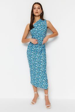 Mavi Bask?l? Vucuda Oturan Tek Omuz Asimetrik Degaje Detayl? Orme Esnek Kalem Elbise TWOSS23EL02182