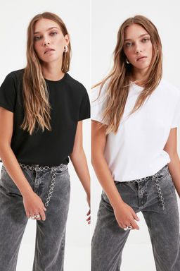 Cok Renkli %100 Pamuk Suprem Bisiklet Yaka 2li Paket Orme T-Shirt TWOSS20TS0141