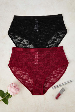 Siyah-Bordo 2li Dantel Hipster Lastikli Duz Hipster Kulot THMAW26KU00008 - Trendyolmilla фото 11