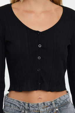 Siyah Fitted/Vucuda Oturan Havuz Yaka Uzun Kollu Esnek Orme Bluz TWOAW25BZ00202 - Trendyolmilla фото 3