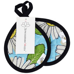 Кухонный комплект Душистая ромашка, вид 4: прихватка 12х18см форма Капелька - 2шт, рогожка 171г/м2, хлопок 100%, наполнитель - ватин 280г/м2, на пластмассовом подвесе, Домашняя мода (Россия)