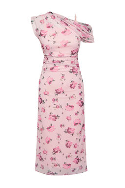 Pembe Cicekli Buzgu / Drape Midi Cicek Bask?l? Tul Vucuda Oturan Esnek Orme Elbise TWOSS25EL00104 - Trendyolmilla фото 5
