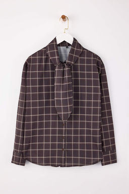 Cok Renkli-Kahverengi Ekose Fular Detayl? Oversize/Genis Kal?p Gomlek TWOSS26GO00009