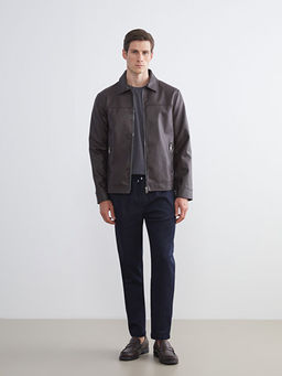 Slim Fit G?mlek Yaka Erkek Deri G?r?n?ml? Mont