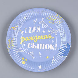 Набор бумажной посуды С днём рождения, сынок: 6 тарелок, 1 гирлянда, 6 стаканов, 6 колпаков - Страна карнавалия фото 4