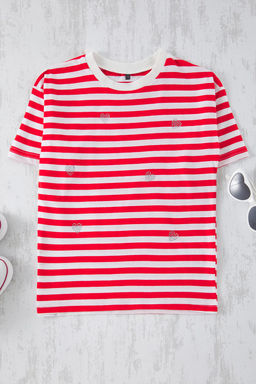 Siyah Cizgili K?z Cocuk %100 Pamuk Kalp Nak?sl? Oversze K?sa Kol Orme T-Shirt TKDSS25TS00036 - Trendyolmilla фото 3