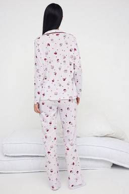 Lila-Cok Renkli %100 Pamuklu Kalpli Eglence Desenli Biyeli Orme Pijama Tak?m? THMAW26PT00039