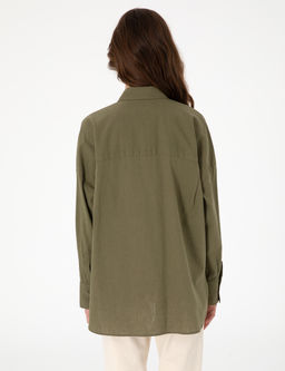 Haki Oversize Keten Kar___ml_ Uzun Kollu G_mlek