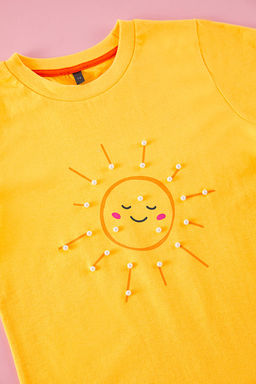 Sar? K?z Cocuk %100 Pamuk Gunes Bask?l? Regular/Normal Kal?p K?sa Kol Orme T-Shirt TKDSS25TS00045 - Trendyolmilla фото 2