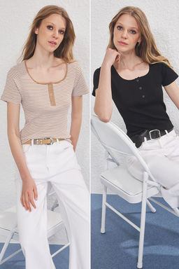 Trendyolmilla Vizon Cizgili-Siyah Duz 2li Paket Vucuda Oturan C?tc?tl? Fitilli Esnek Orme Bluz TWOSS25BZ00511