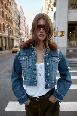 Z1975 FAUX FUR COLLAR SHORT DENIM JACKET - Zara фото 3