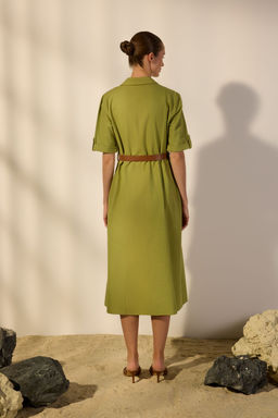 Trendyolmilla Haki Kemerli Keten Kar?s?ml? Cep Detayl? Midi Dokuma Gomlek Elbise TWOSS25EL00704  фото 4