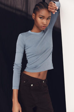 LONG SLEEVE WASHED EFFECT RIBBED T-SHIRT - Zara фото 24