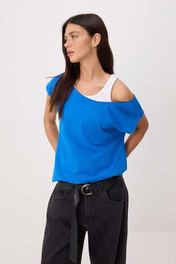Siyah Renk Bloklu Regular Kay?k Yaka Dusuk Kol K?sa Tok %100 Pamuk Orme T-Shirt TWOSS26TS00217 - Trendyolmilla фото 6