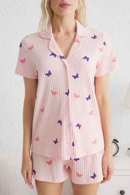 Trendyolmilla Somon-Cok Renkli Kelebek Desenli Fitilli Sortlu Orme Pijama Tak?m? THMSS25PT00016 фото 3