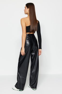 TRENDYOLMILLA Siyah Suni Deri Wide Leg/Genis Paca Nervurlu Yuksek Bel Pantolon TWOSS23PL00131  фото 5