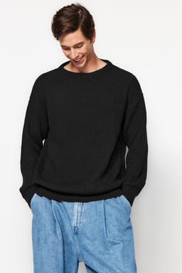 Siyah Oversize Couple/Cift Bisiklet Yaka Duz Triko Kazak TMNAW23KZ00189