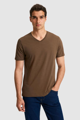 Erkek Regular Fit V Yaka Kahverengi Basic Ti__rt