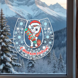 Силиконовая новогодняя наклейка "Лошадка и карамелька" 25*25 см