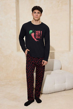 Siyah Regular Kesim Biber Bask_l_ Pamuklu Cep Detayl_ Uzun _rme Pijama Tak_m_ TMNAW26PT00044
