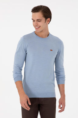 Erkek Slim Fit Bisiklet Yaka A__k Mavi Melanj Kazak