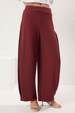 Bordo Yanlar? Pileli Yuksek Bel Esnek Orme Pantolon TWOSS25PL00054