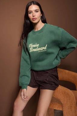 Yesil Y?kamal? Slogan Bask?l? Oversize/Genis Kal?p Kal?n Ici Polarl?Orme Sweatshirt TWOAW26SW00248 - Trendyolmilla фото 2
