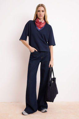 Lacivert Oversize/Genis Kal?p Dusuk Kol Truvakar Soft Touch Orme T-Shirt TWOSS26TS00182 - Trendyolmilla фото 2